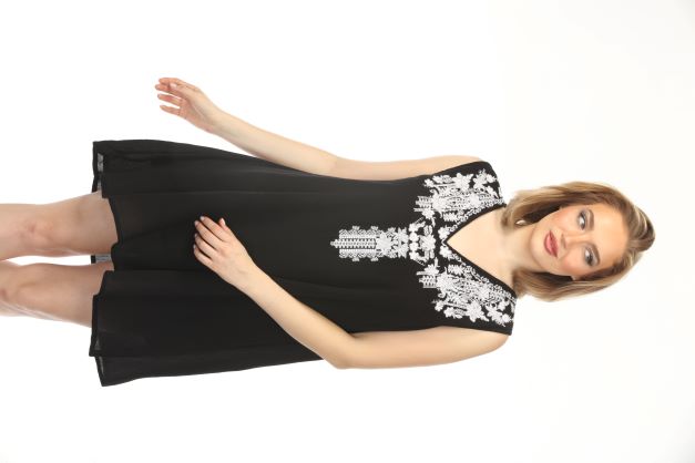 Short Dress - Black W-White Embroidery